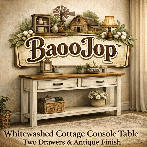 BaooJop™ Vintage Whitewashed Cottage Console Table with Two Drawers