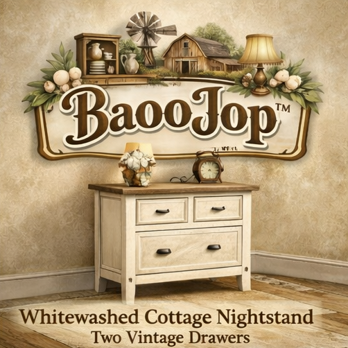 BaooJop™ Whitewashed Cottage Nightstand with Two Vintage Drawers