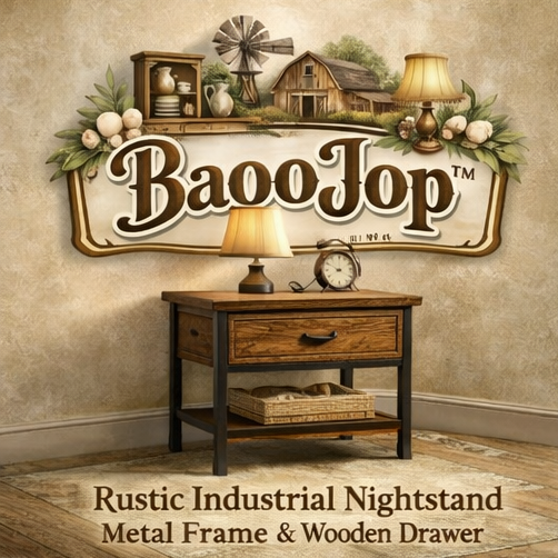BaooJop™ Rustic Industrial Nightstand with Metal Frame & Wooden Drawer