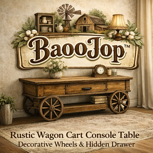 BaooJop™ Rustic Wagon Cart Console Table with Decorative Wheels